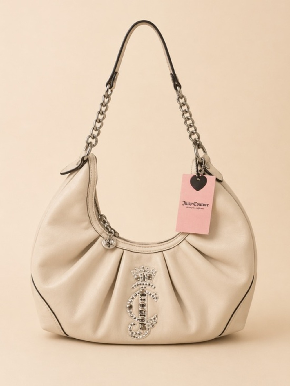 NWT Juicy Couture Beige Rhinestone Logo Hobo Bag ✨ Chain Accent • Y2K Luxe